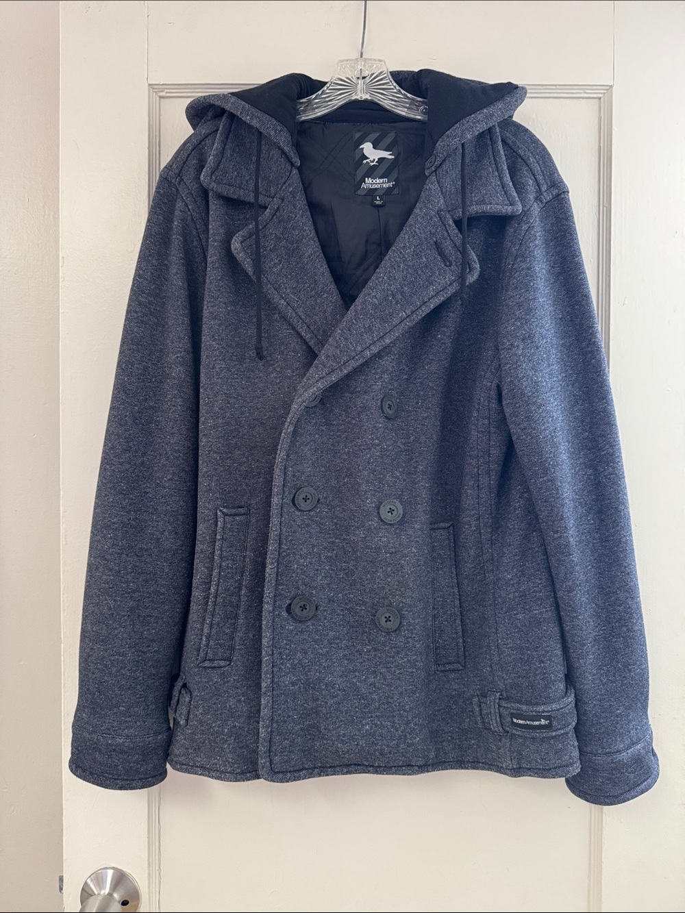 Modern Amusement grey double-breasted peacoat   hooded quilted lining Sz L